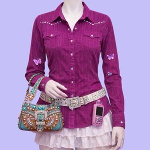 Twenty Early 2000s Purple & Sliver Pinstripe Bling Button Down Western Shirt